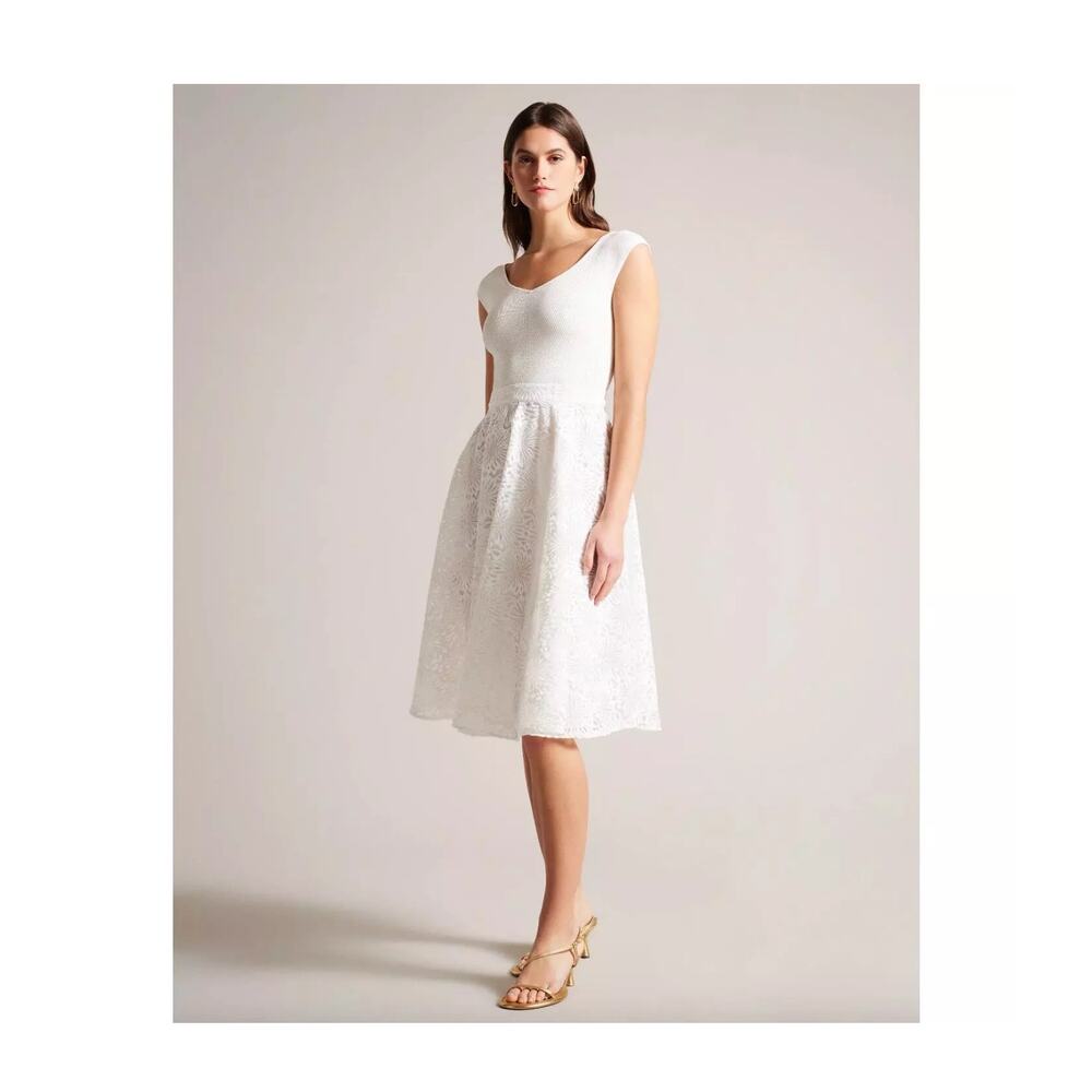 NWT Ted Baker Annikaa Off Shoulder Knit Bodice Midi Dress Lace Size 5 (US 12)